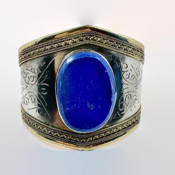 Lapis Bracelet, Afghan, Kuchi Jewelry, Silver Cuff, Brass, Mixed Metal, Vintage - Picture 5 of 6